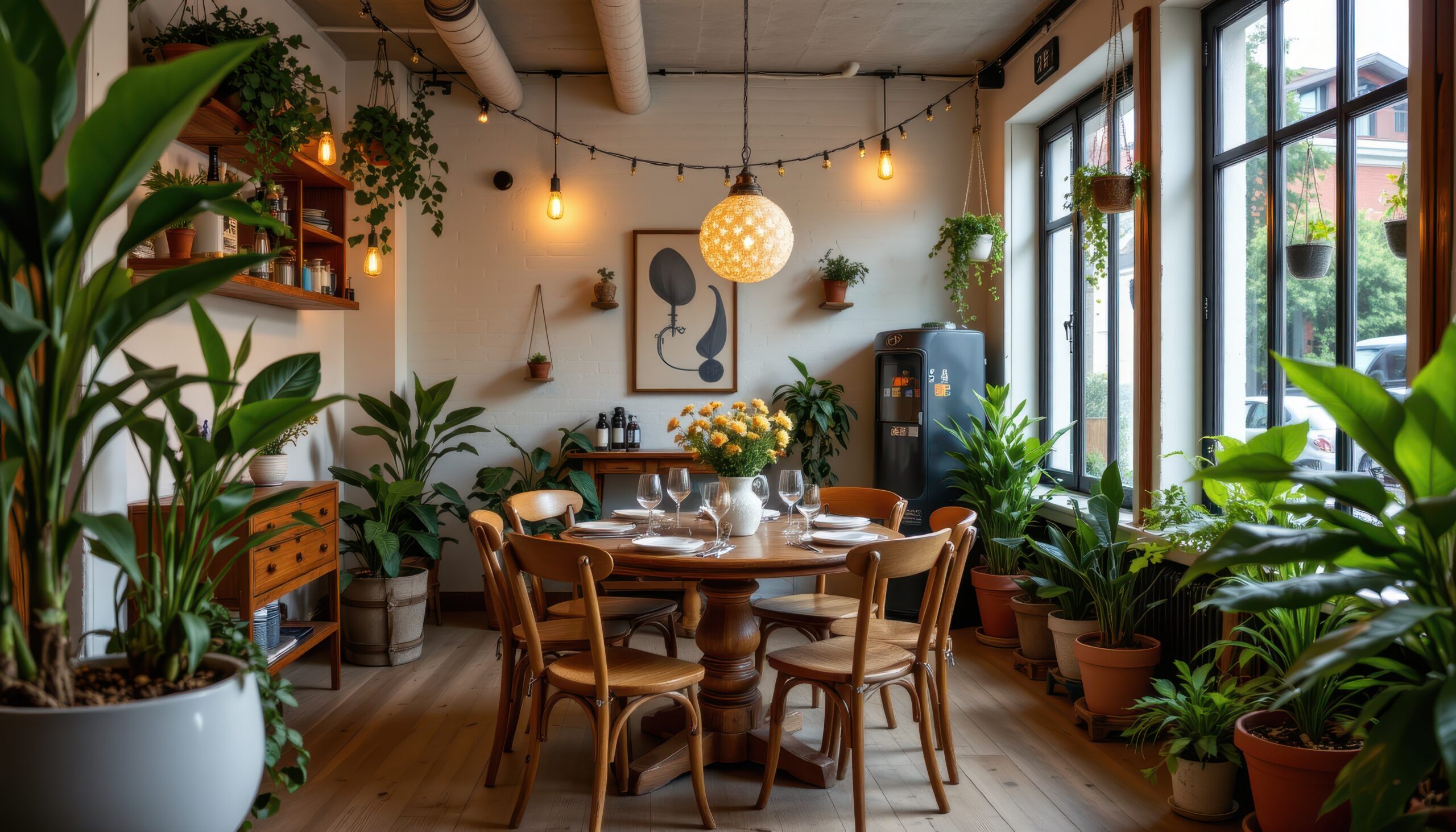 a cozy dining space surrounded by potted plants, hanging lights, and rustic wooden furniture accents