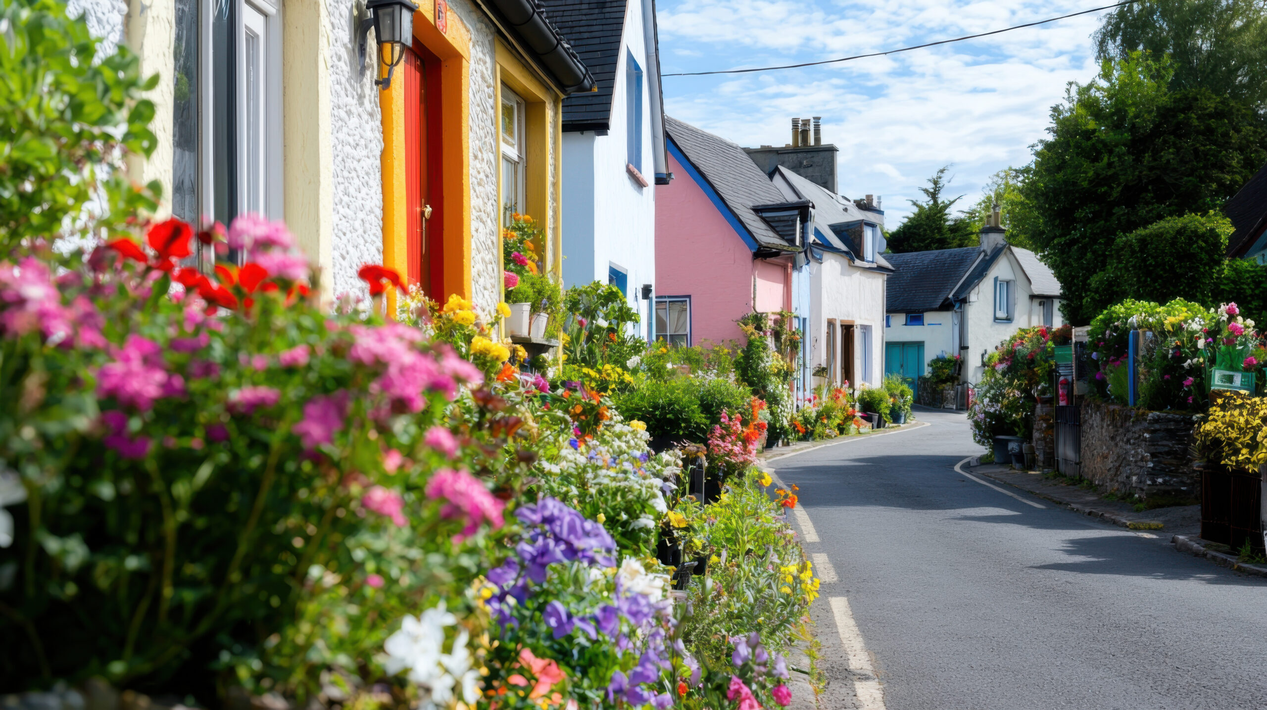 Charming village street with colorful houses and vibrant flowers lining road