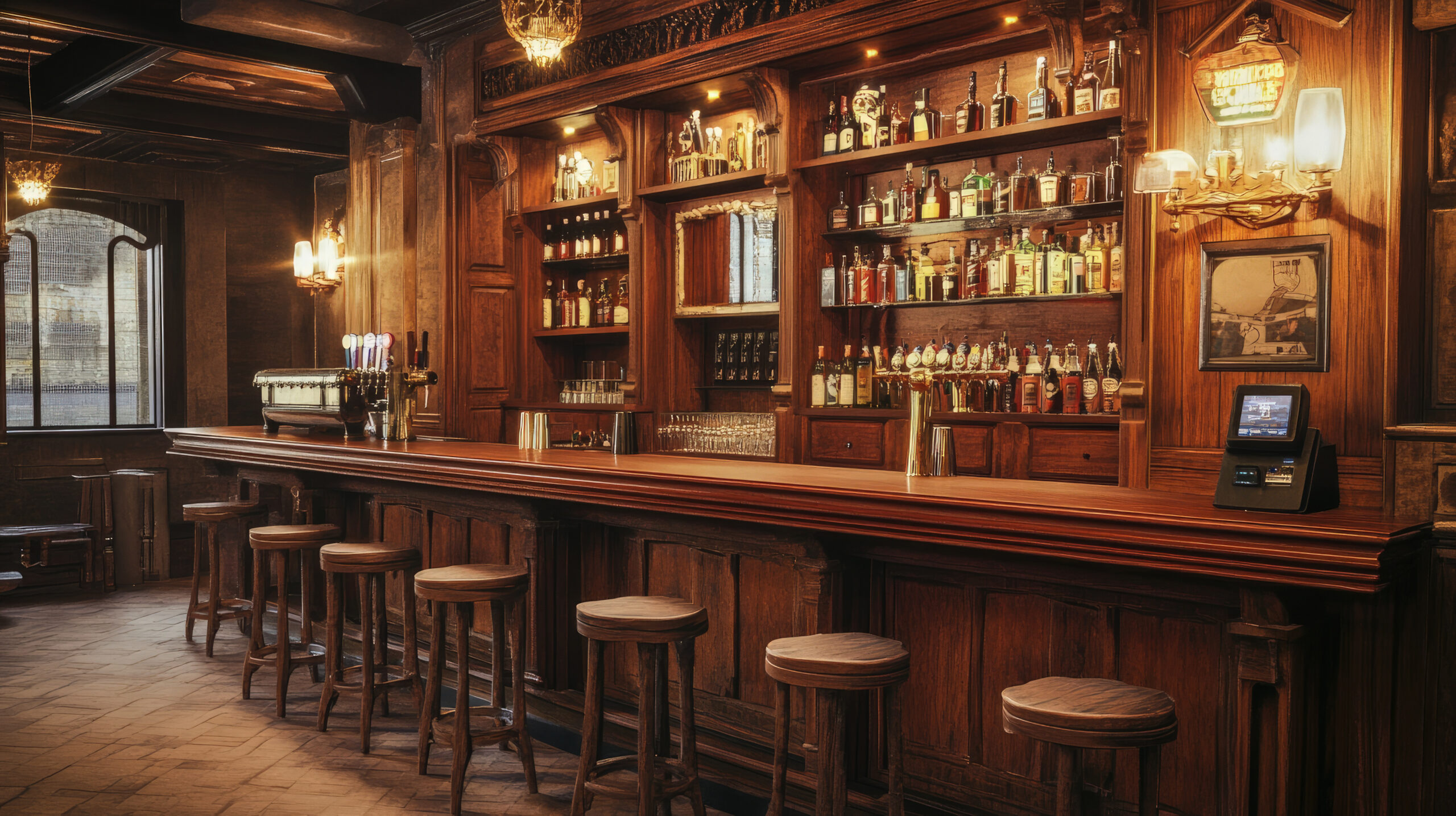 Classic wooden bar interior showcases liquor bottles, glassware and vintage decor in inviting amber light