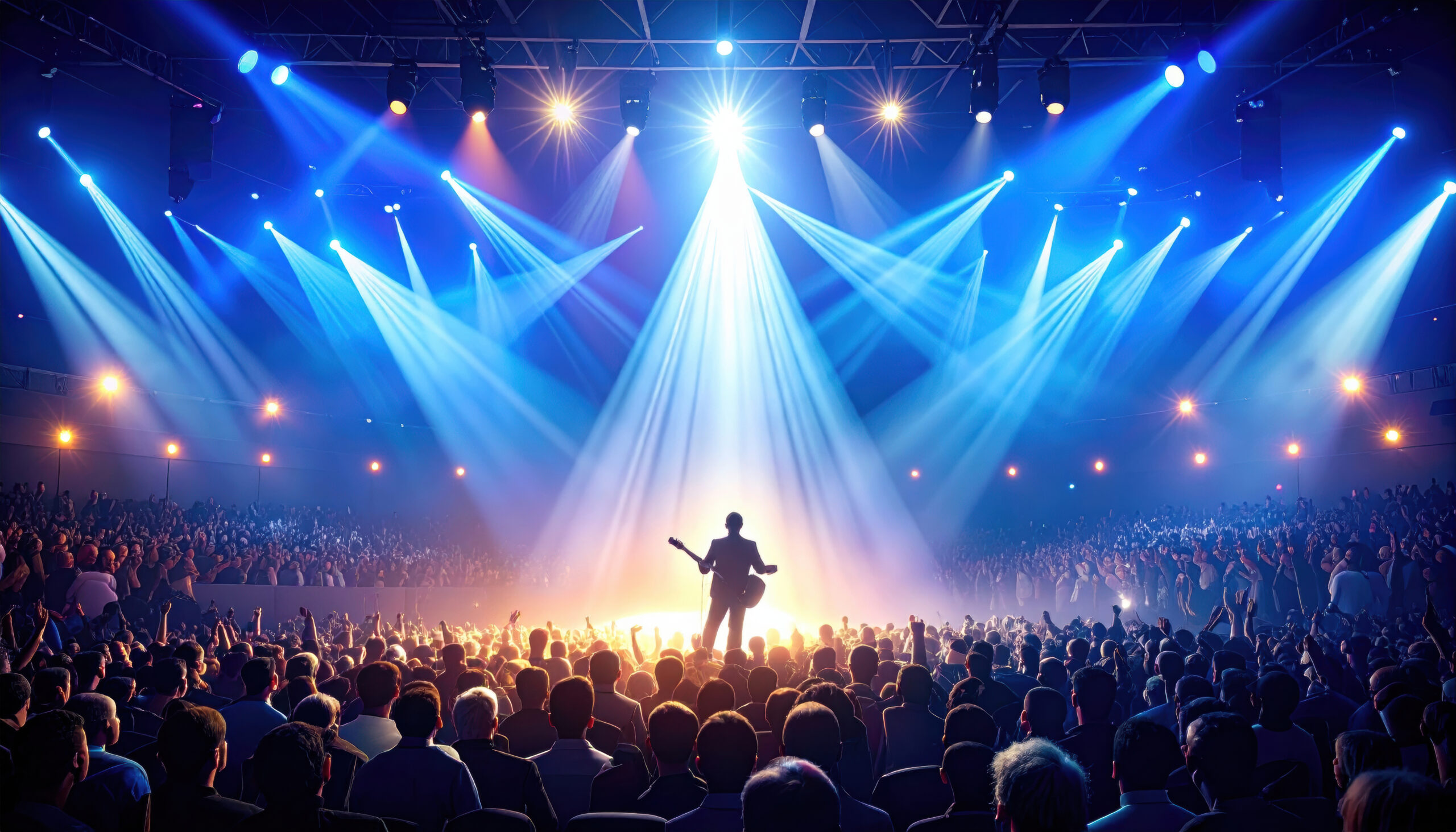 Musician stands on stage, illuminated by vibrant spotlights, captivating large audience in concert hall filled with excitement and energy