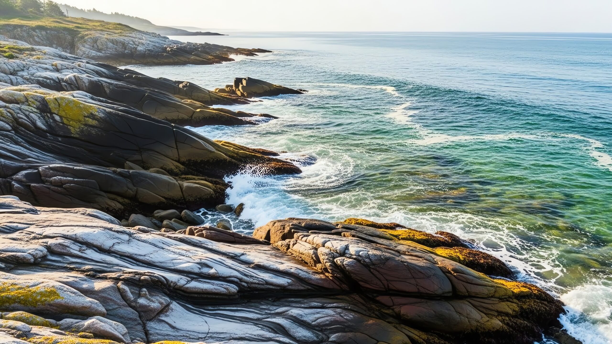 Rocky Coastline With Crashing Waves Under A Bright Sky.