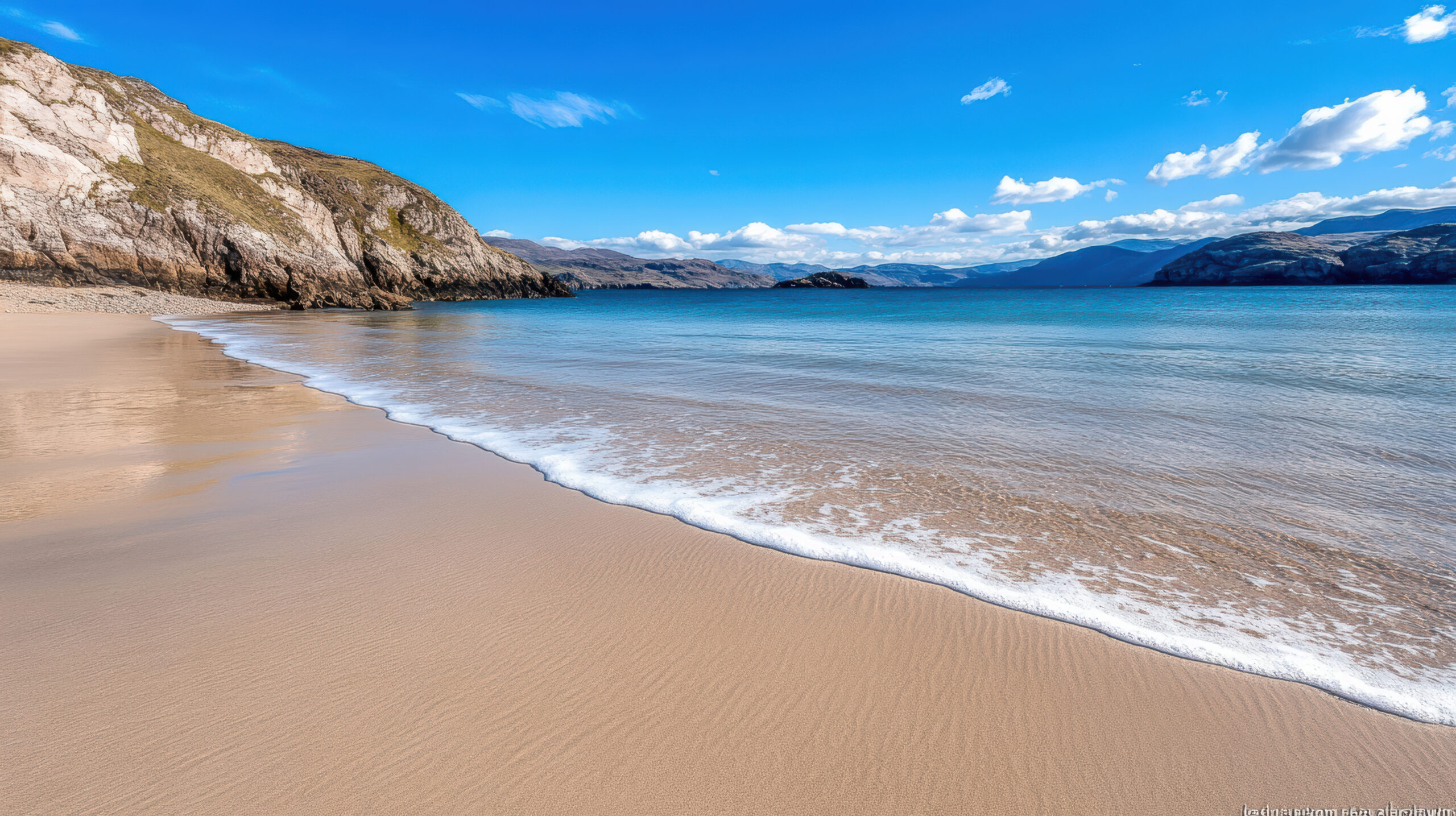 Serene sandy beach with gentle waves lapping at shore, surrounded by hills and mountains