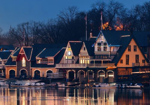 Boathouse Row in Philadelphia as the famous historical landmark.
